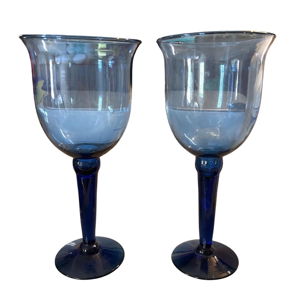 Vintage Cobalt Blue Glass Wine Goblets Set of 2 Flared Tulip Hand Blown Stemware
